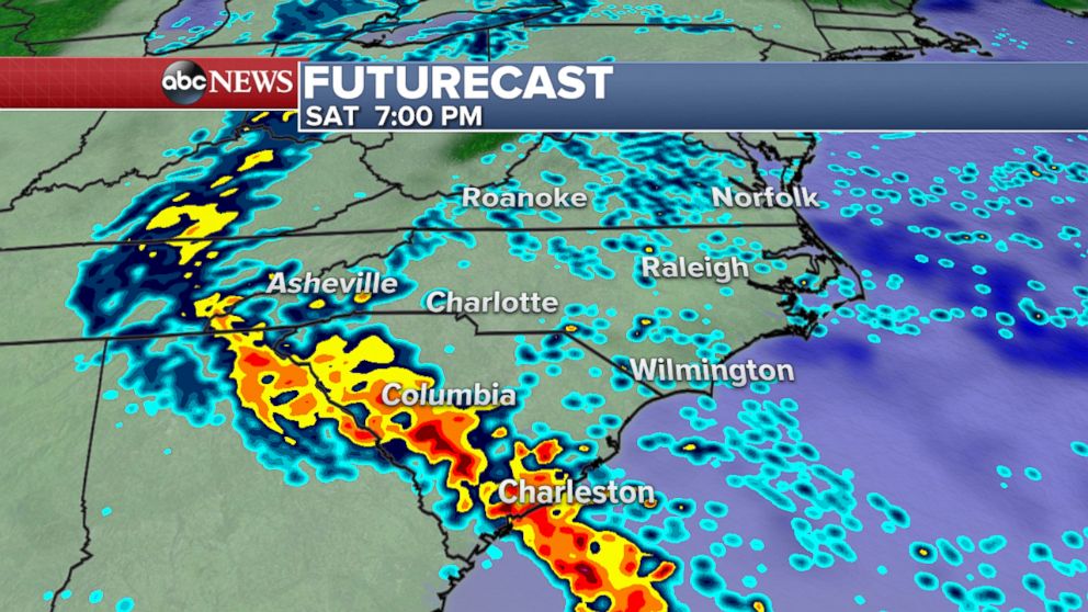 PHOTO: On Saturday evening, rounds of heavy rain will continue across much of South Carolina with unsettled weather expected across much of the mid-Atlantic region.