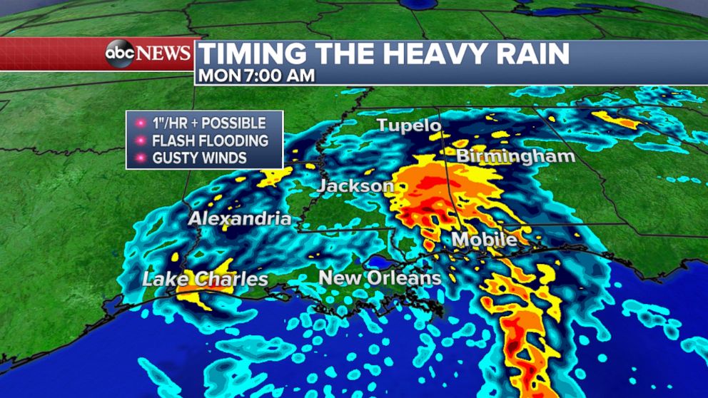 PHOTO: By Monday morning, the heaviest rain will be focused over the central Gulf Coast from Mobile up through central Alabama and Mississippi. 