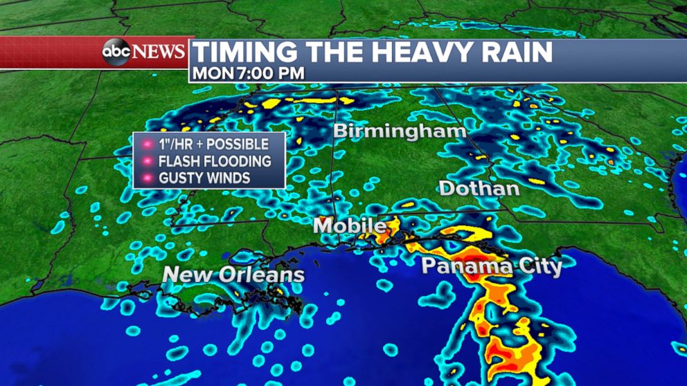 PHOTO: By Monday evening, the heavy rain will become more scattered and less intense over the the central Gulf Coast. 