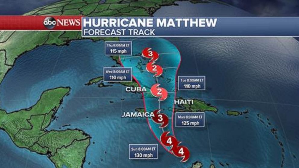 PHOTO: Hurricane Matthew remained a "very powerful" Category 4 hurricane with maximum sustained winds up to 145 mph, according to a National Hurricane Center advisory issued at 11 a.m. ET on Oct. 1, 2016.