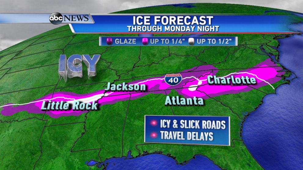 PHOTO: Accumulating ice is expected from Arkansas to North Carolina through Monday night.