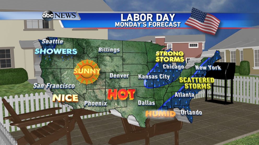 PHOTO: The Labor Day forecast calls for scattered thunderstorms along the east coast and mostly dry conditions across the west.