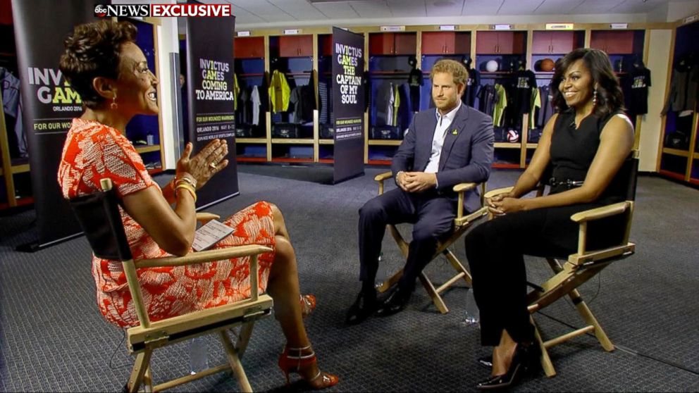 PHOTO: Prince Harry and First Lady Michelle Obama speak to "Good Morning America" co-anchor Robin Roberts about the Invictus Games in Orlando, Fla.