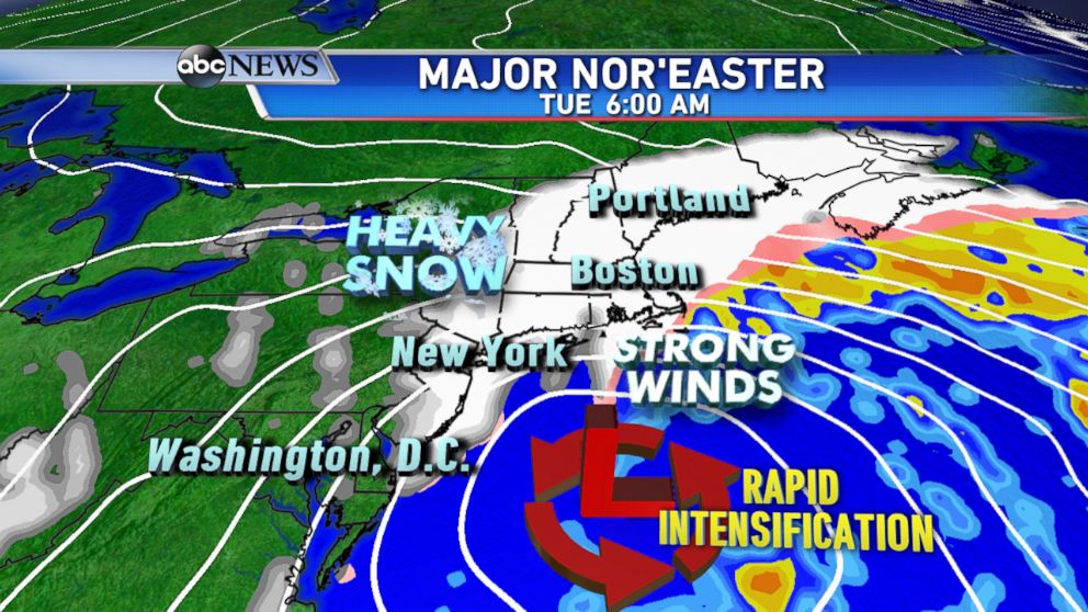 PHOTO: A major nor'easter is forecast to develop of the east coast late Monday and rapidly intensify by Tuesday morning bringing heavy snow and strong winds.