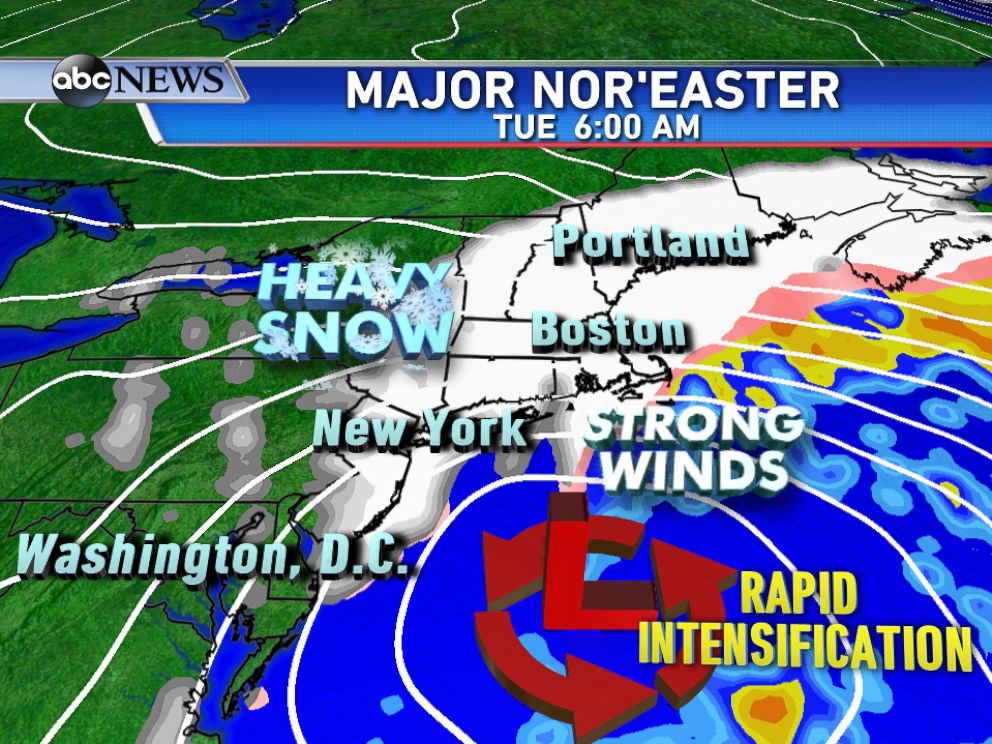 PHOTO: A major noreaster is forecast to develop of the east coast late Monday and rapidly intensify by Tuesday morning bringing heavy snow and strong winds.