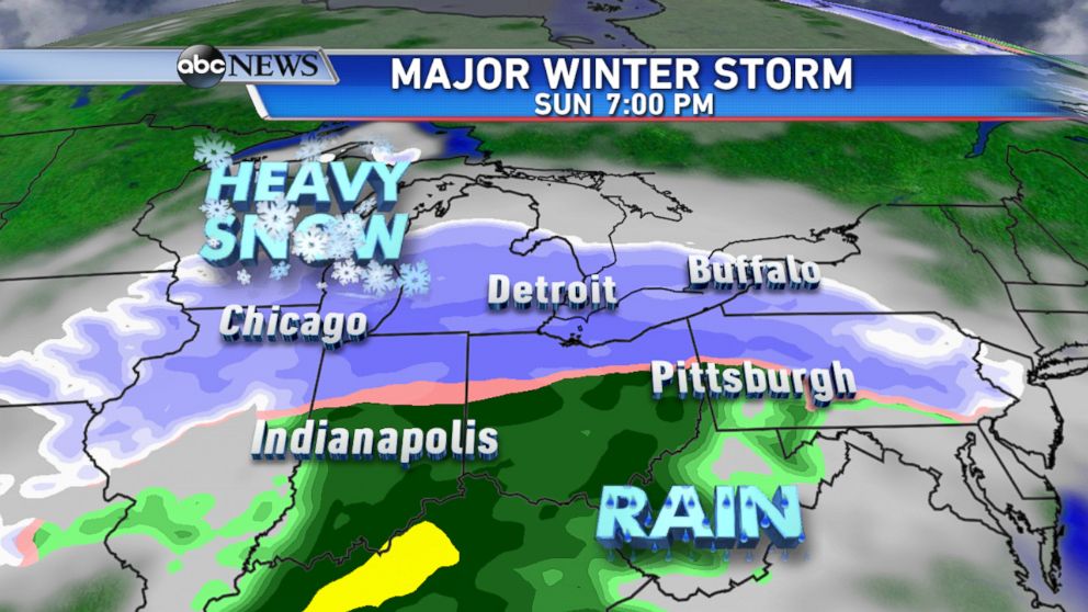 PHOTO: By Sunday evening, the storm will be across the eastern Ohio Valley bringing heavy snow and some rain to the south of I-80.