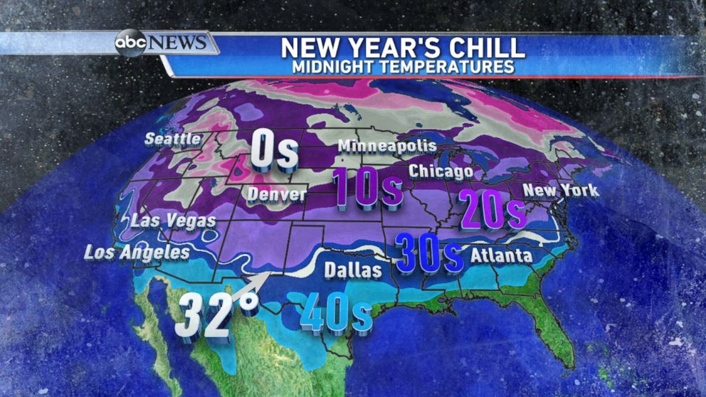 PHOTO: Forecast temperatures at midnight on New Year's will be at or below freezing for most of the country.