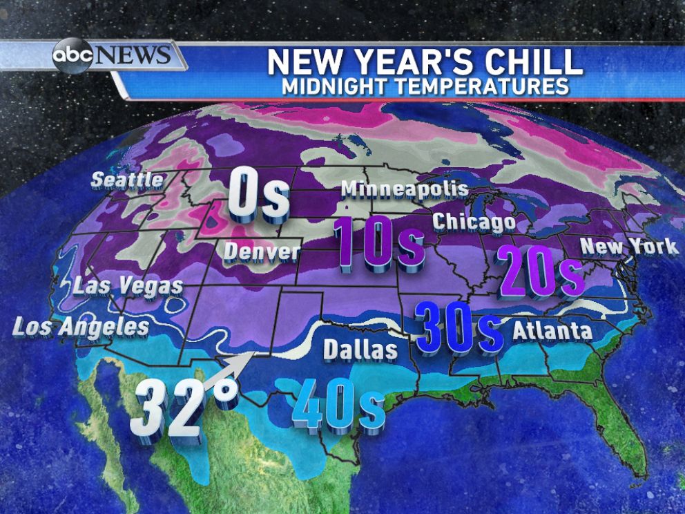 PHOTO: Forecast temperatures at midnight on New Years will be at or below freezing for most of the country.