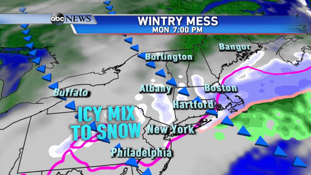 PHOTO: By Monday evening, colder air will be moving south changing the wintry mix back to all snow.