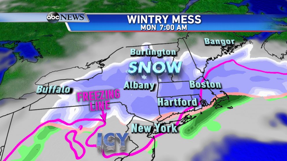 PHOTO: On Monday morning, snow will be falling from New York State to New England with an icy mix to the south.