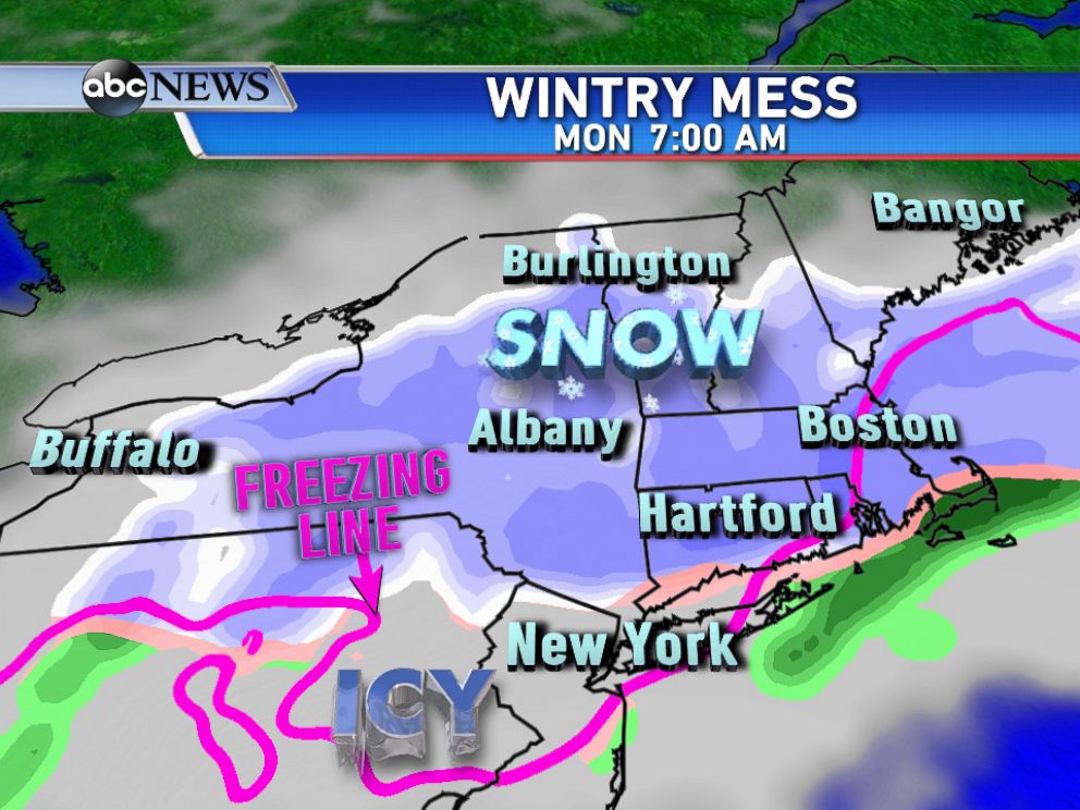 PHOTO: On Monday morning, snow will be falling from New York State to New England with an icy mix to the south.