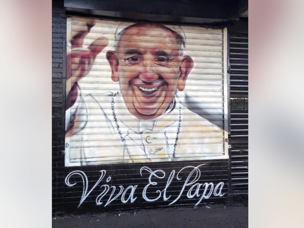 PHOTO: A mural of Pope Francis in the Bronx by artist Andre Trenier to celebrate his arrival.