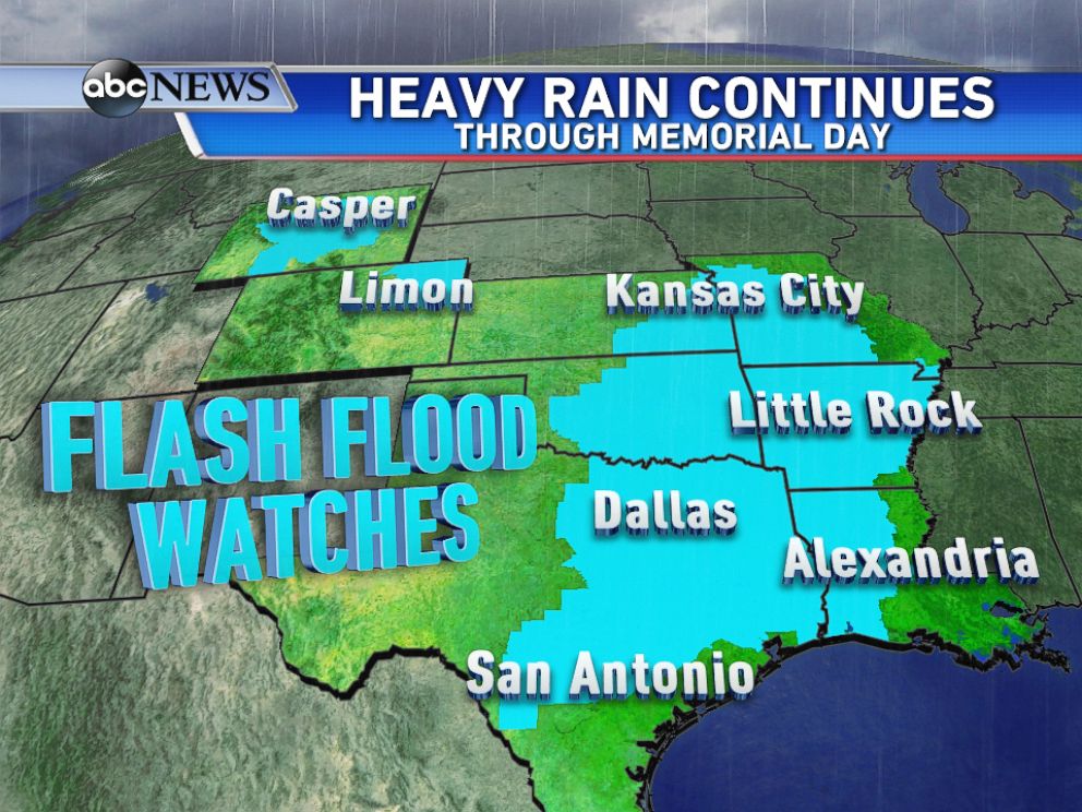 PHOTO: On Sunday evening, Flash Flood Watches were in effect from Texas up to Missouri, and across parts of the Rockies.