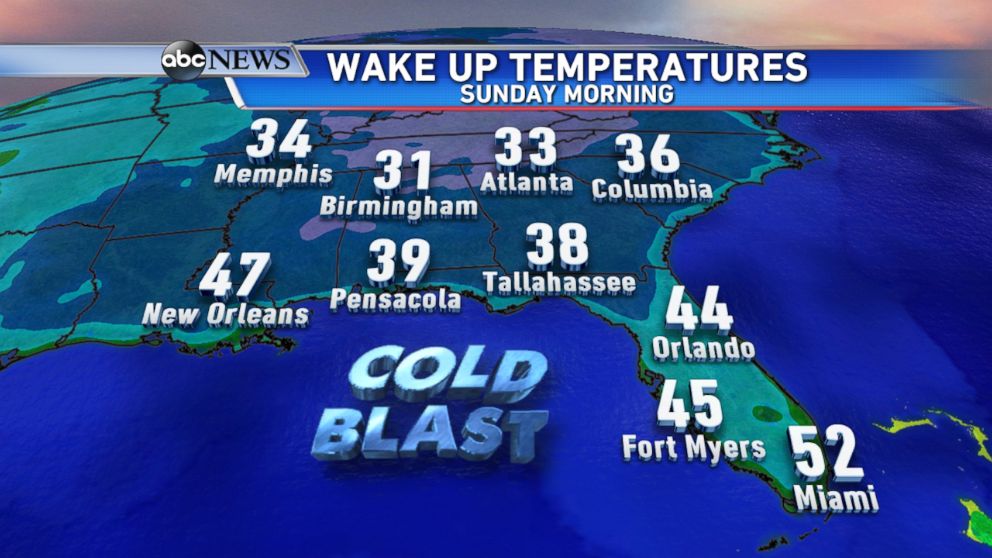 PHOTO: Near record cold temperatures are forecast on Sunday morning for parts of the Southeast.