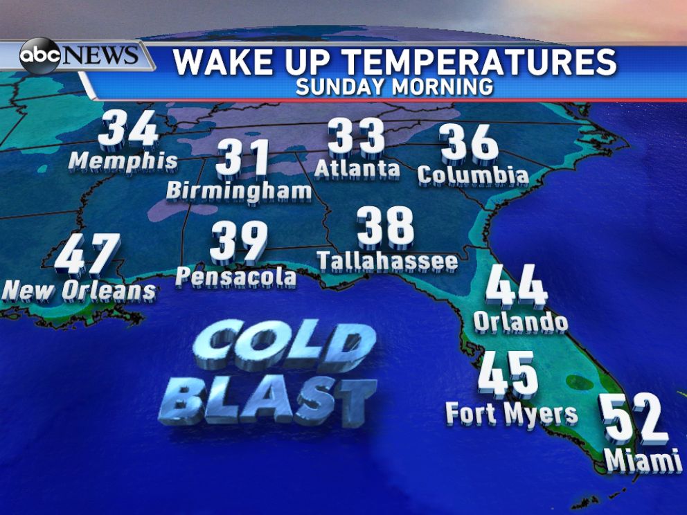 PHOTO: Near record cold temperatures are forecast on Sunday morning for parts of the Southeast.