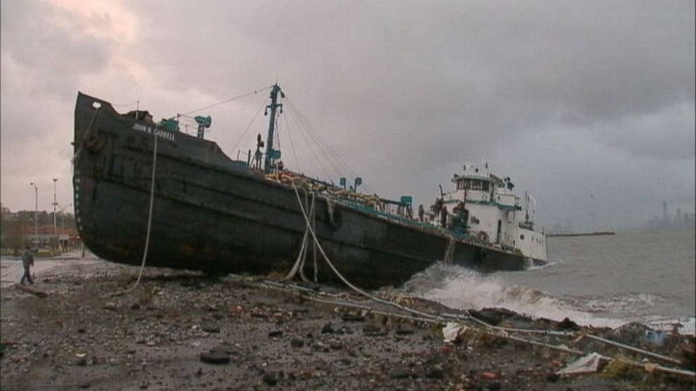 A 168-foot water tanker, the John B. Caddell, sits on the shore where it ran aground in the Stapleton neighborhood of Staten Island, New York as a result of Superstorm Sandy, Oct. 30, 2012. 