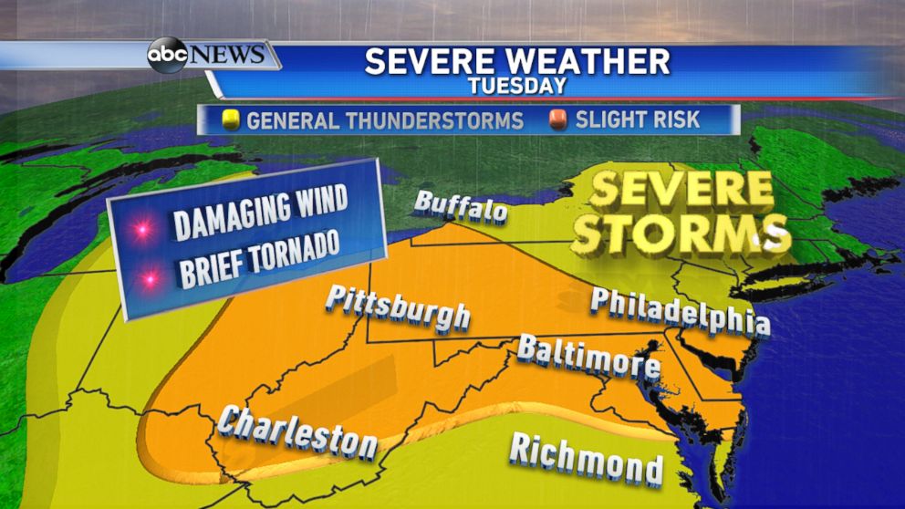 PHOTO: Portions of the Mid-Atlantic and Northeast could see severe storms capable of 60mph winds and isolated tornadoes on Tuesday.