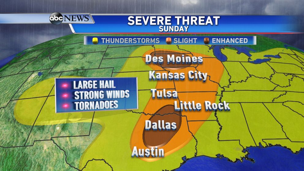 PHOTO: On Sunday, the threat for severe weather shifts east, impacting Des Moines down to Dallas.