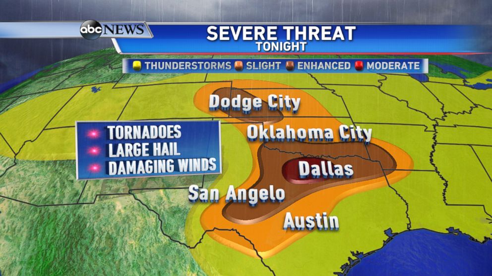 PHOTO: On Saturday evening, cities from eastern Colorado to northeastern Texas where under an elevated threat for severe weather.