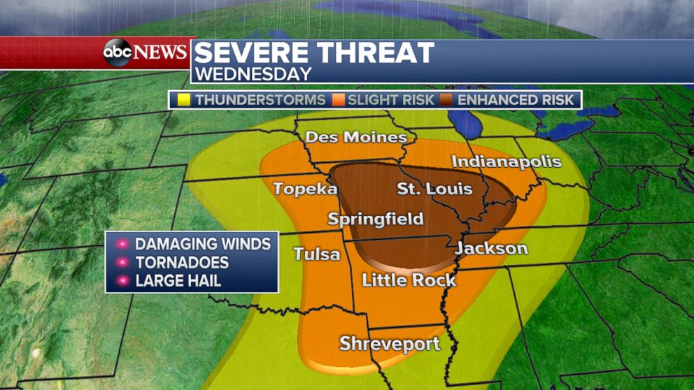 PHOTO: On Wednesday, a large swath of the country will be in the threat zone for severe storms stretching from northeastern Texas to Indiana. 