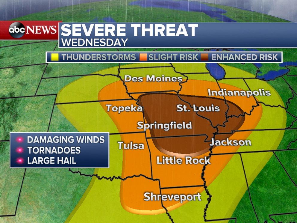 PHOTO: On Wednesday, a large swath of the country will be in the threat zone for severe storms stretching from northeastern Texas to Indiana.