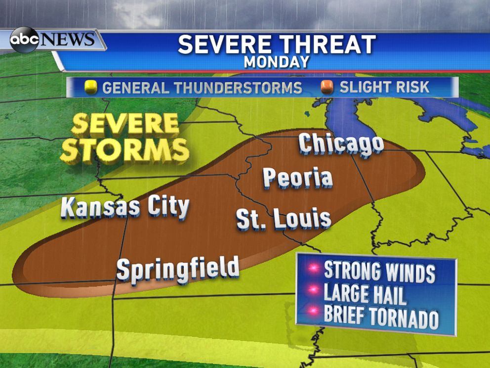 PHOTO: On Monday, the threat for severe weather shifts east including cities such as Chicago, St. Louis, and Kansas City.