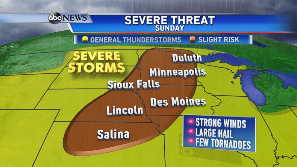 There is an elevated risk for severe storms on Sunday from the central Plains to the upper Midwest.