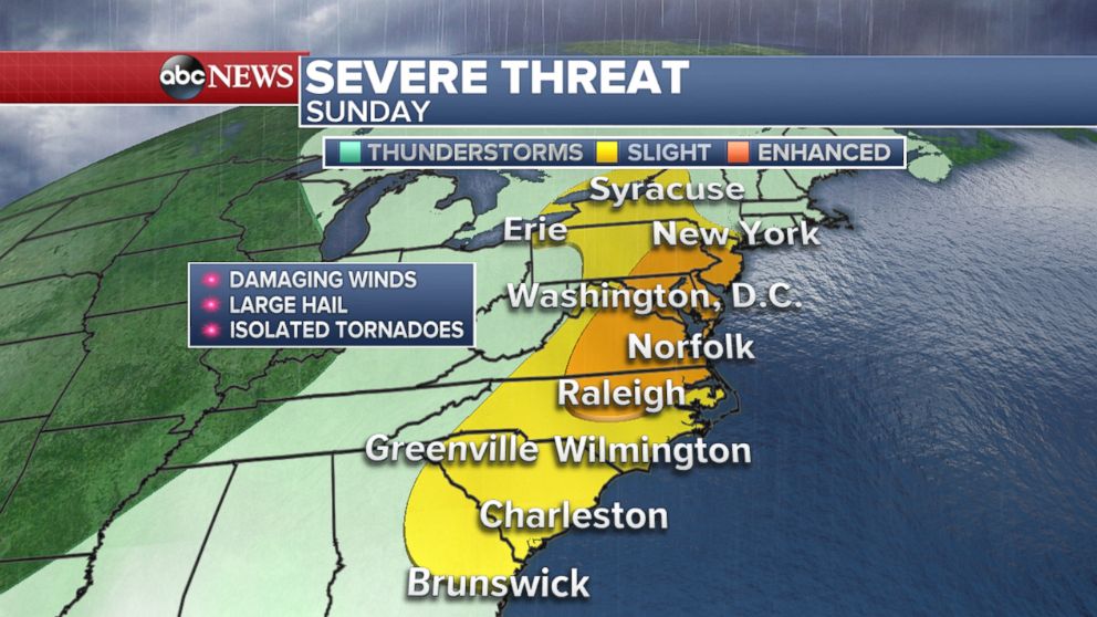 PHOTO: The threat for severe storms on Sunday stretches along the East Coast from Georgia up to New York.