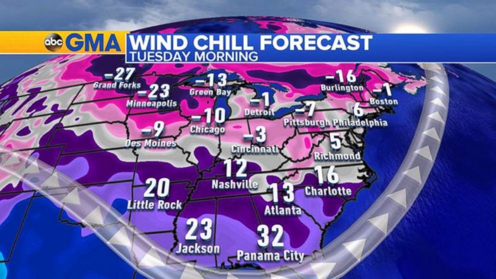 PHOTO: Forecast wind chill temperatures for next Tuesday morning across the East.