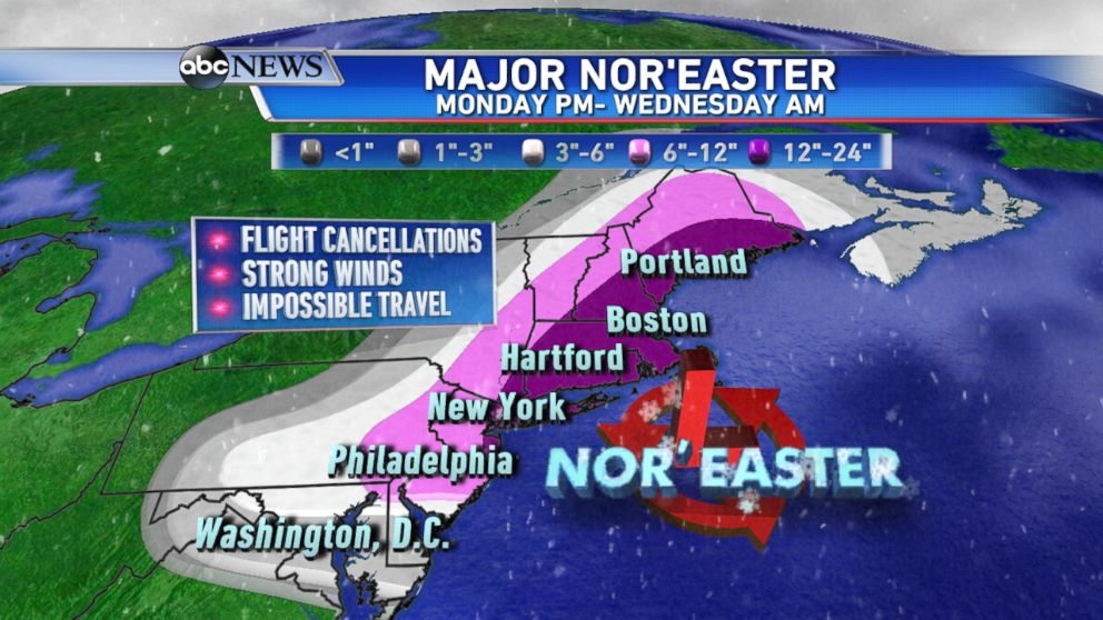 PHOTO: The latest forecast from the ABC News Weather Team is calling for over a foot of snow from New York City to Boston by Wednesday morning.