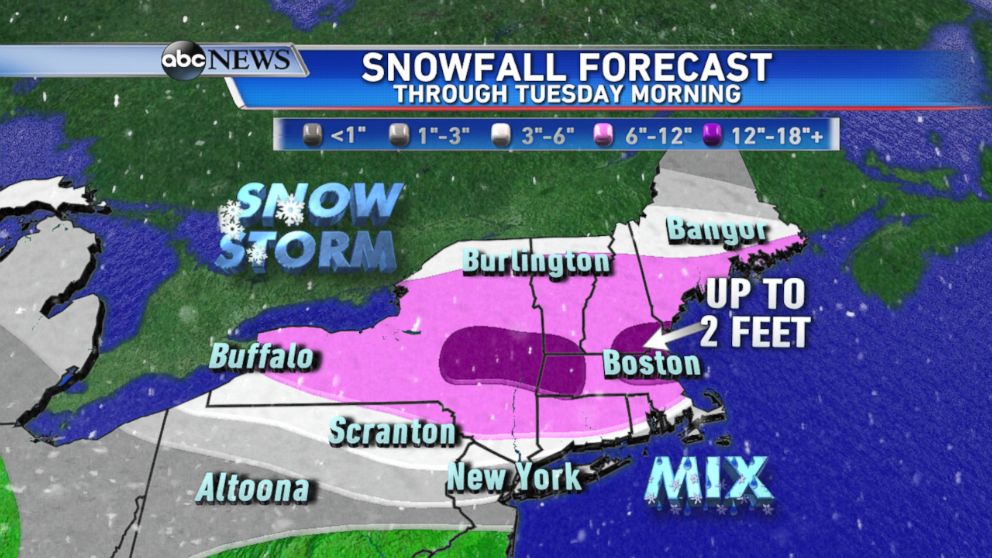 PHOTO: The highest snowfall totals are expected from central NY into New England by Tuesday morning.