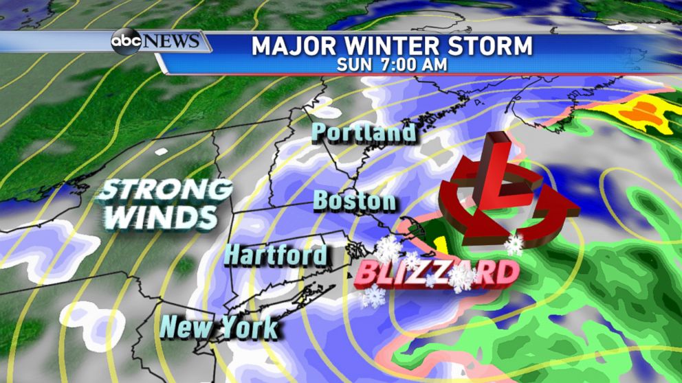 PHOTO: On Sunday morning, snow and strong winds will continue to impact the Northeast. Blizzard conditions will be developing in coastal New England.