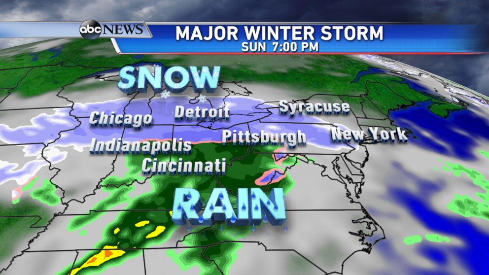 PHOTO: By Sunday evening, the snow will be moving into parts of the Northeast with areas of heavy rain to the south.