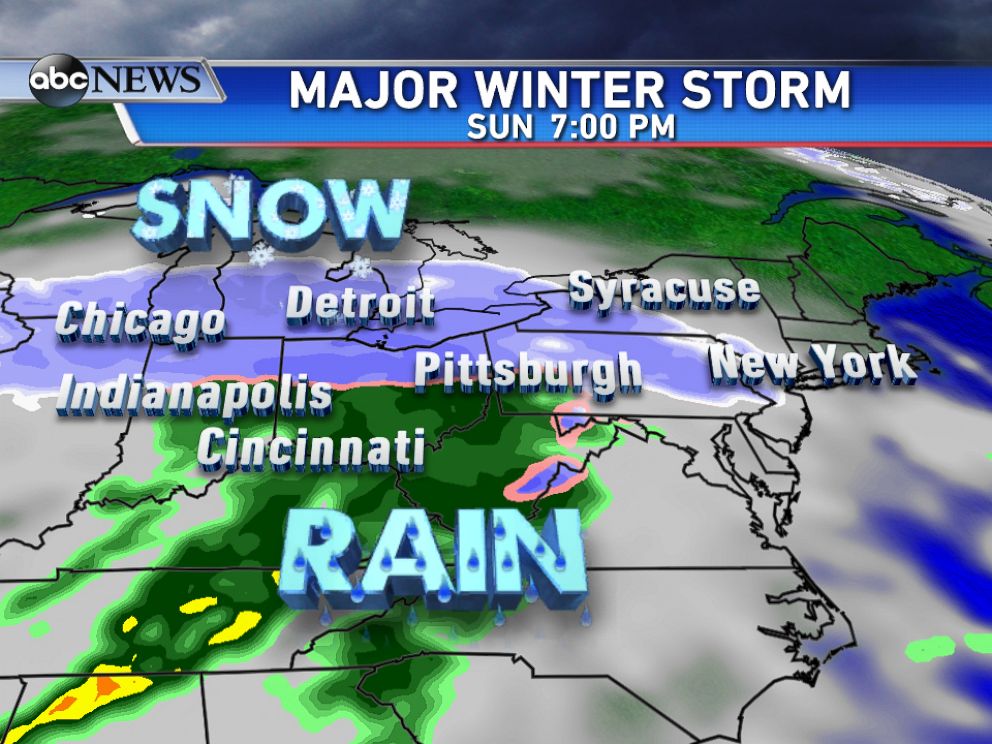 PHOTO: By Sunday evening, the snow will be moving into parts of the Northeast with areas of heavy rain to the south.