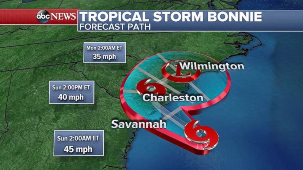 PHOTO: The latest forecast for Tropical Storm Bonnie has it moving over South Carolina over the next 24 hours and then moving north towards North Carolina on Sunday night. 