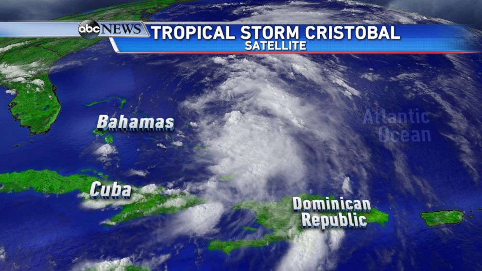 Satellite view of Tropical Storm Cristobal as it churns in the Atlantic.