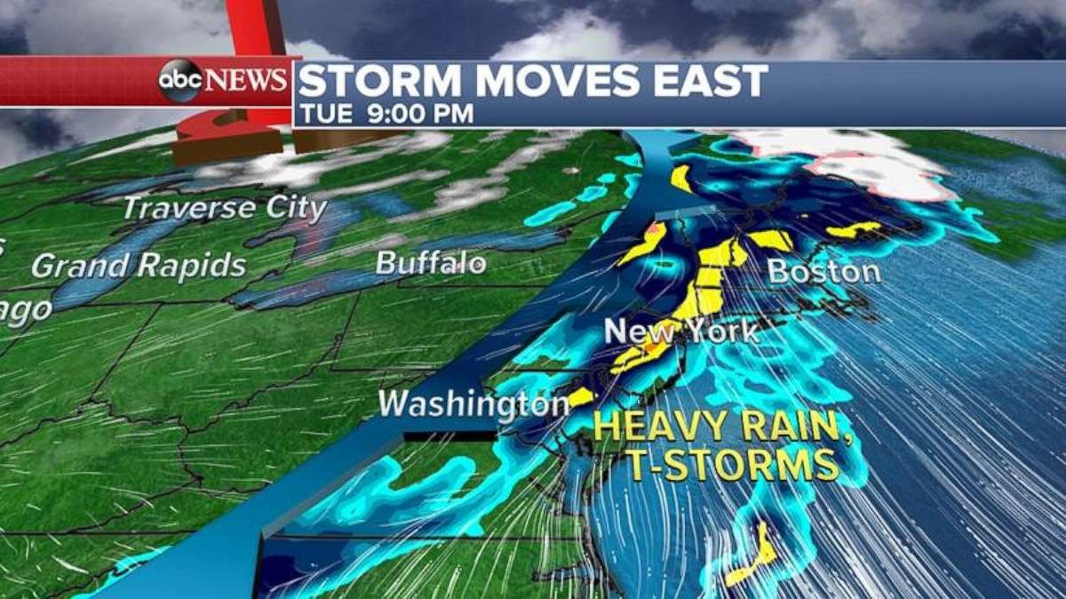 A storm system is forecast to move into the Northeast Tuesday evening. 