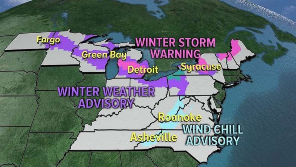 PHOTO: The National Weather Service issued Winter Weather Advisories, Lake Effect Snow Warnings, Winter Storm Warnings and Wind Chill Advisories for 14 states this week.