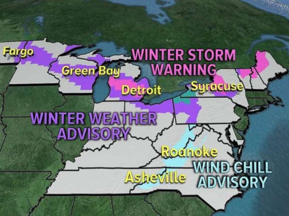 PHOTO: The National Weather Service issued Winter Weather Advisories, Lake Effect Snow Warnings, Winter Storm Warnings and Wind Chill Advisories for 14 states this week.