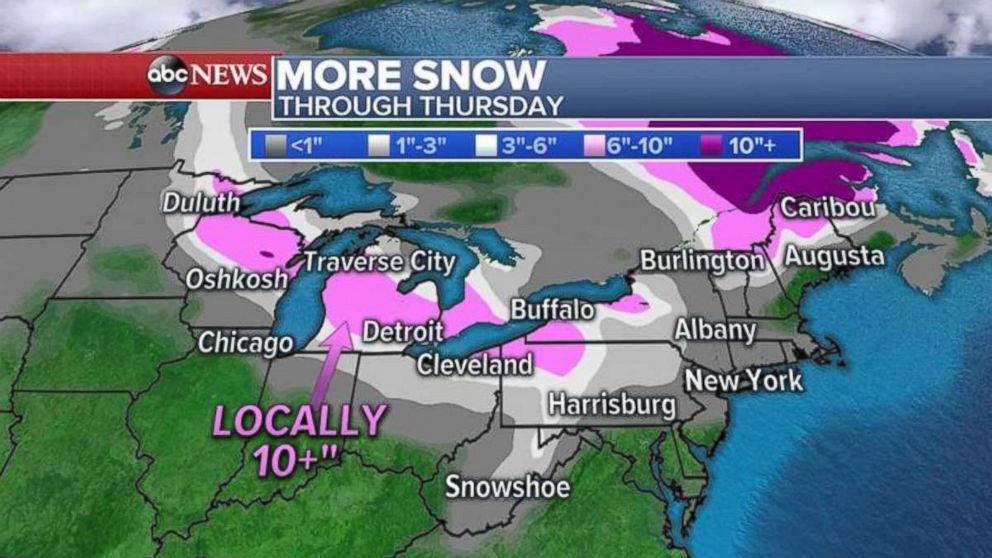 PHOTO: Areas close to major cities like Detroit and Cleveland could get as much as 10 inches of snow by Thursday. 