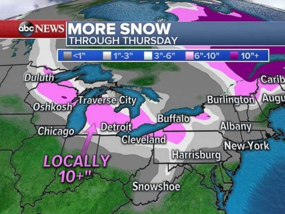 PHOTO: Areas close to major cities like Detroit and Cleveland could get as much as 10 inches of snow by Thursday.