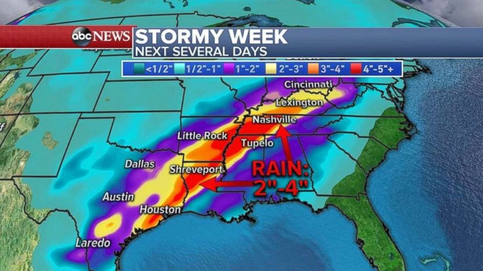 Some areas between Texas and Ohio could get as much as 4 inches of rain on Tuesday. 