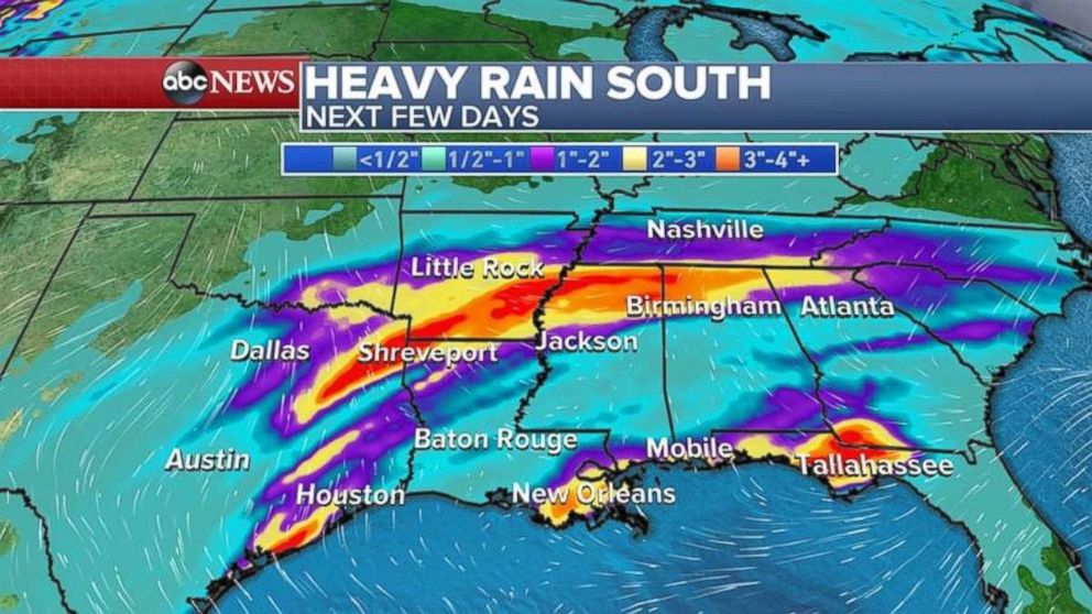 PHOTO: A storm is expected to hit the south on Monday, bringing as much as 4 inches of rain to some areas between Texas and the Carolinas. 
