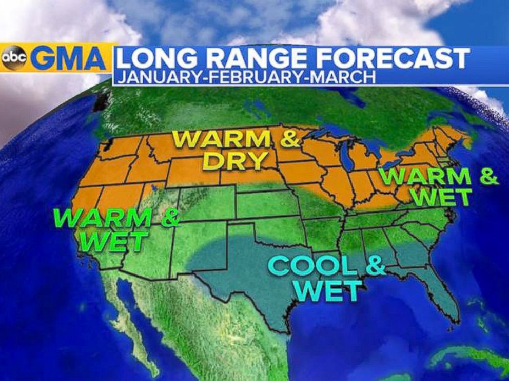 PHOTO: Here is the latest forecast for January, February and March. A typical El Nino pattern will return with milder weather in the Midwest and Northeast, wetter weather in the South and the Southwest, and drier in the Northwest.