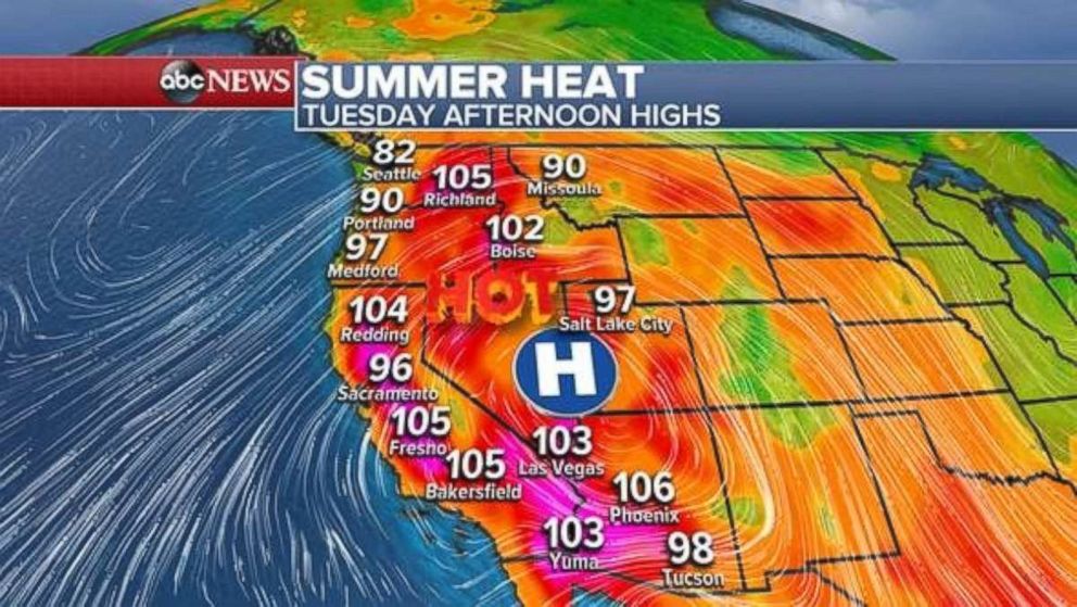 PHOTO: In parts of California, temperatures are now seasonably warm with temperatures near 100 degrees or higher. 