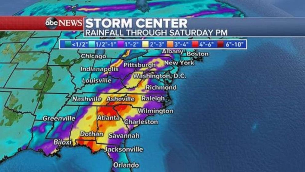 PHOTO: By Saturday, rainfall totals could reach 3-6” in parts of the Southeast, especially along the southern Appalachians. 