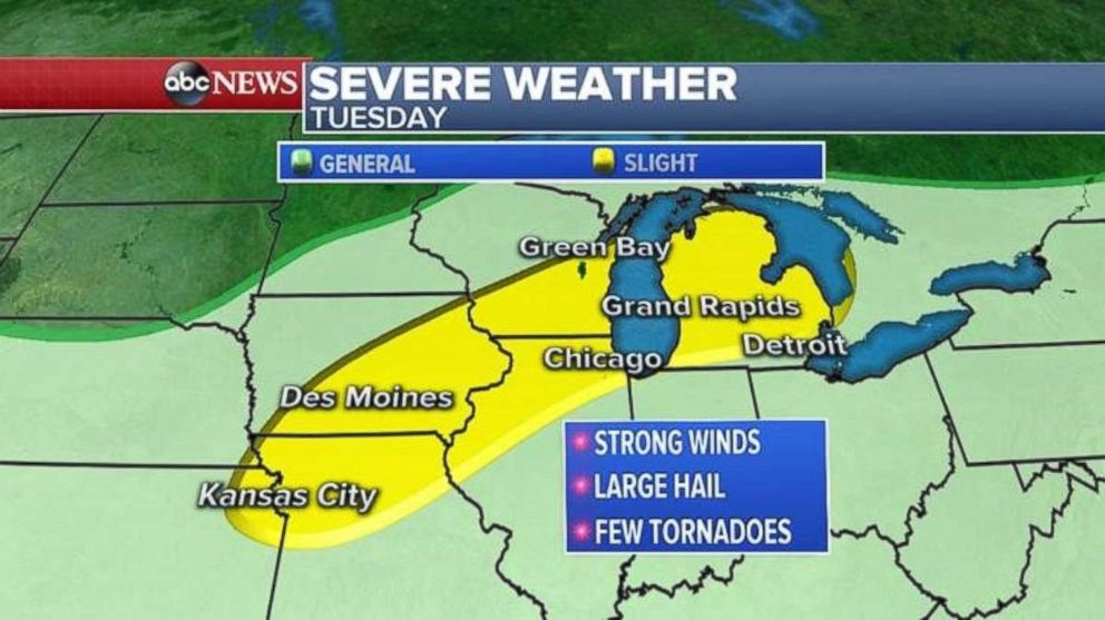 PHOTO: Multiple areas of the US were under severe weather watches on Tuesday. 