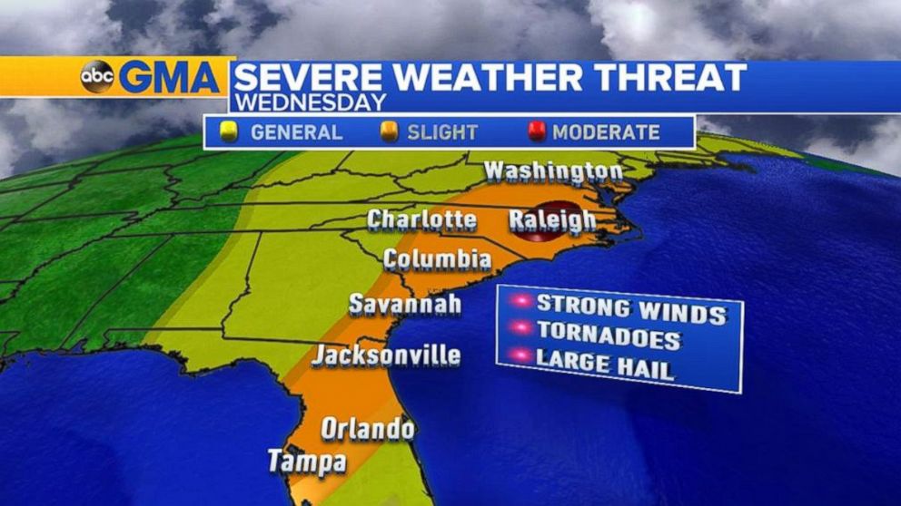PHOTO:Severe winds will affect areas from Tampa to Baltimore Wednesday afternoon following the deadly storm that hit the South overnight. 
 