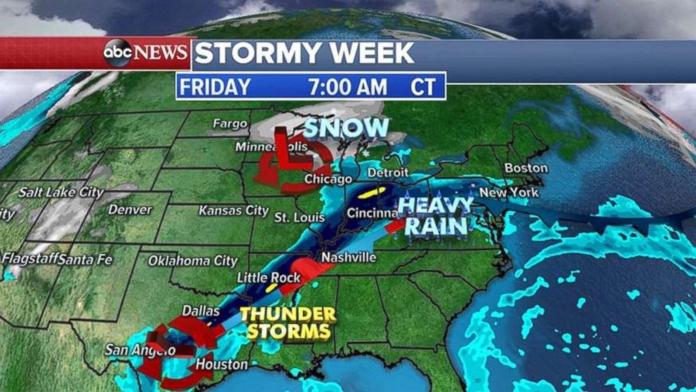 PHOTO: Stormy weather will continue into Friday, bringing more rain to areas between Texas and the Ohio Valley.