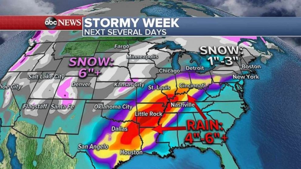 Areas between Texas and the Ohio Valley could get between 4 and 6 inches of rain over the next week.